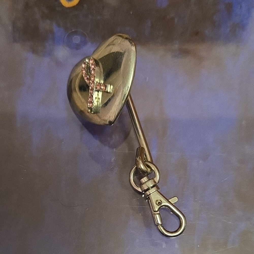 Silver Heart Keychain with Pink Ribbon & Pin Set